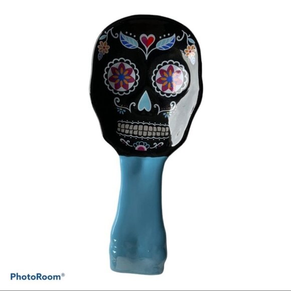 Sugar Skull Spoon Rest Artisan Ceramic Day if The Dead MultiColor Black - Picture 2 of 9